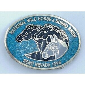 Vintage 1996 National Wild Horse Burro Show Reno Belt Buckle Turquoise Inlay 3.5